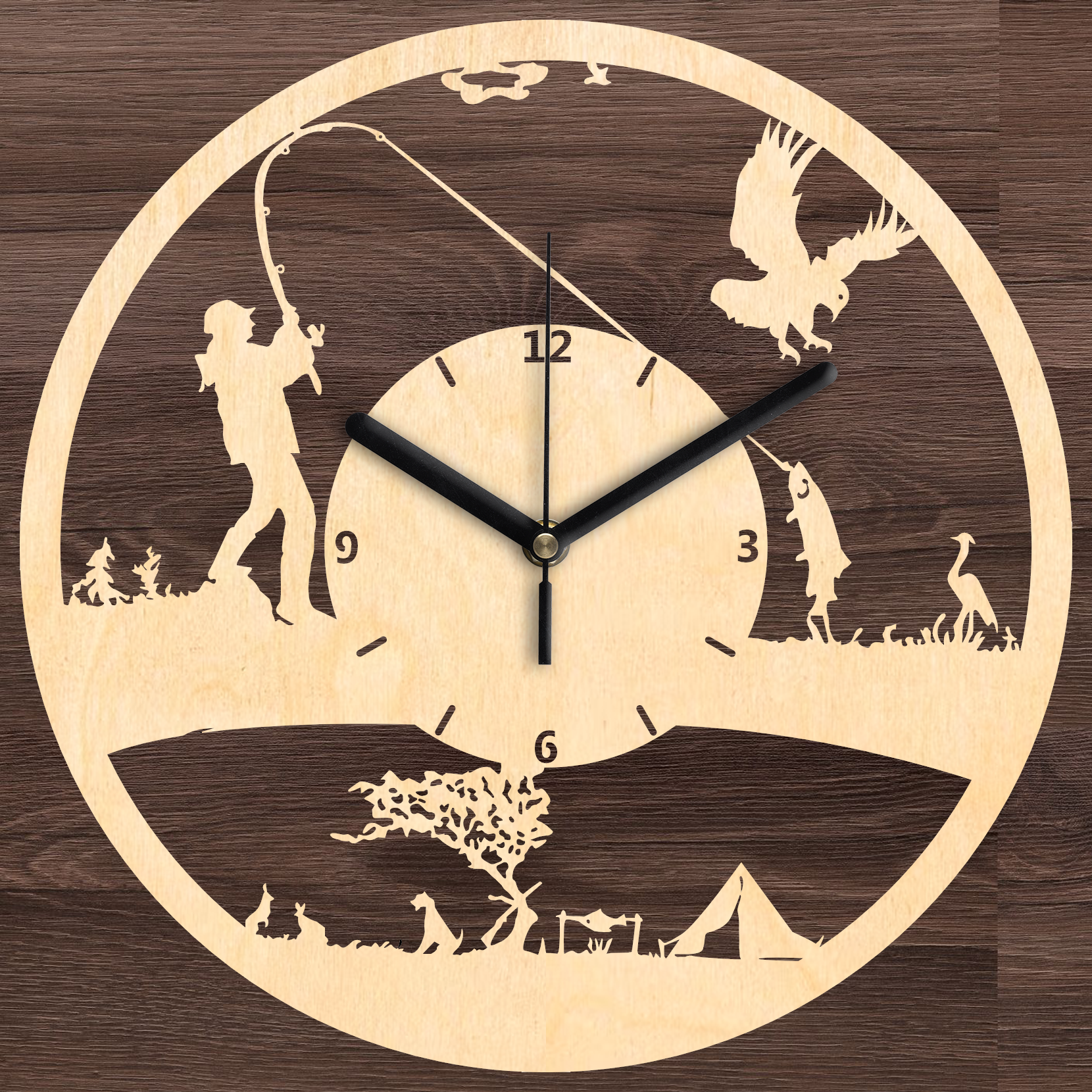 Sátrazás és Horgászat falióra - Fa